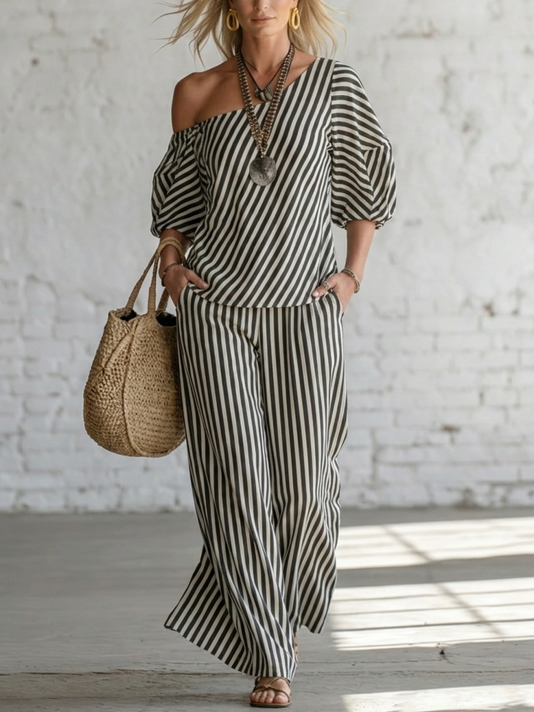 Elegant Classic Striped Off-shoulder Top And Wide-leg Pants Two-piece Set