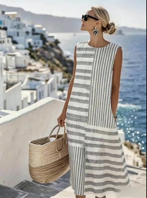 Women'S Round Neck Sleeveless Color-Block Printed Dress