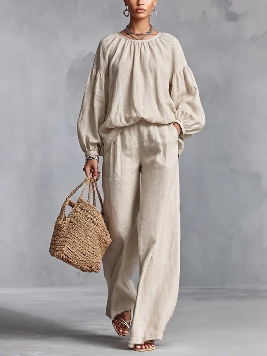 Linen Lantern Sleeve Wide-leg Pants Set