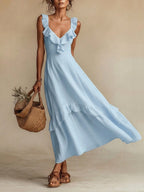 Elegant Ruffled Linen And Cotton Dress