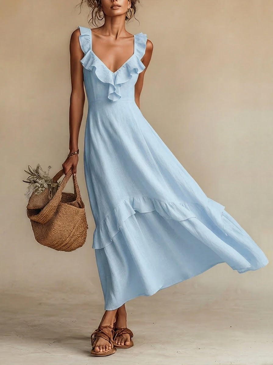 Elegant Ruffled Linen And Cotton Dress