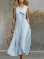 Women's Solid-color V-neck Sleeveless Casual Loose Cotton-linen Dress