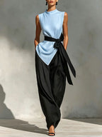 Women's Sleeveless Tie-front Detail Linen Top+ Wide-leg Pants Two-piece Set
