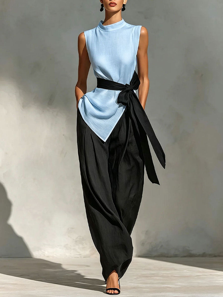 Women's Sleeveless Tie-front Detail Linen Top+ Wide-leg Pants Two-piece Set
