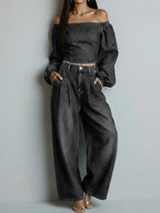 Women's Off-the-shoulder Long-sleeved Casual Loose Denim Top And High-waisted Wide-leg Jeans Set.