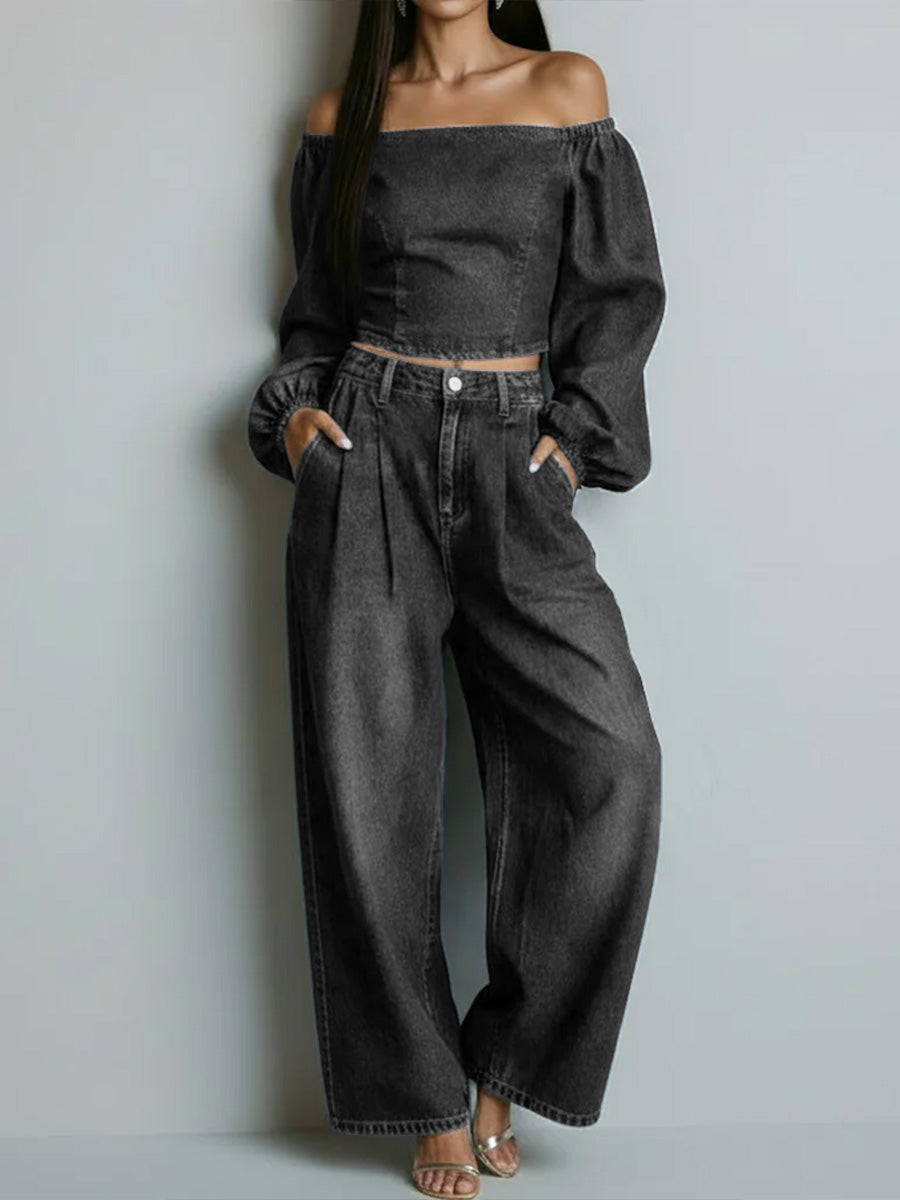Women's Off-the-shoulder Long-sleeved Casual Loose Denim Top And High-waisted Wide-leg Jeans Set.