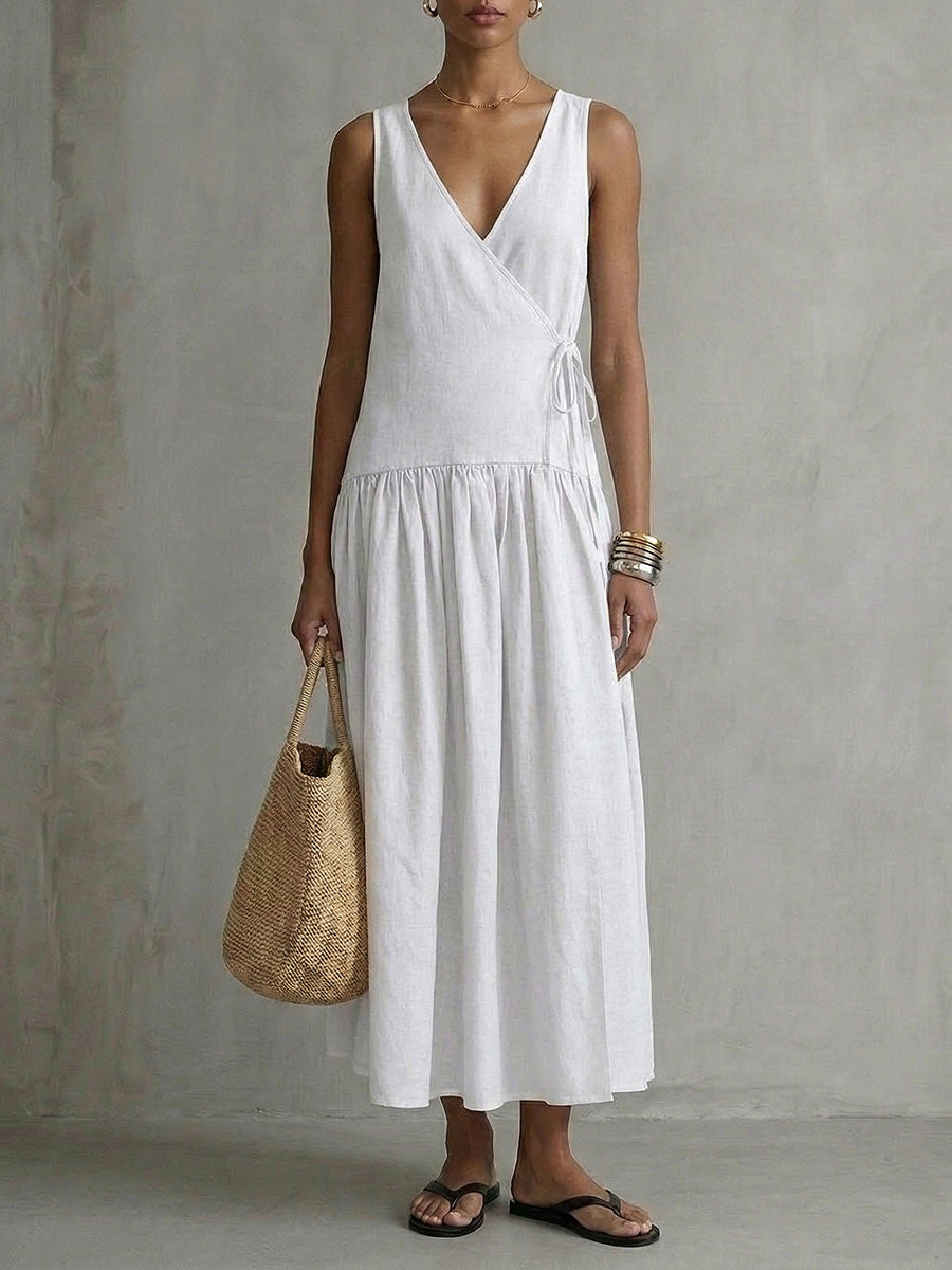 Women's V-neck Tie-waist Cotton-linen Dress