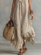 Women's Striped Art Ruffled Neck Casual Stylish Sleeveless Cotton Dress