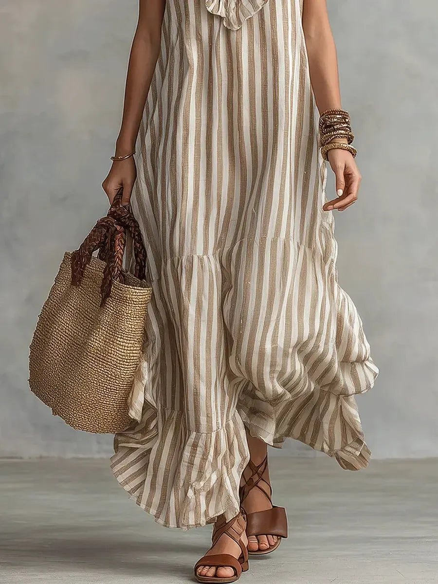 Women's Striped Art Ruffled Neck Casual Stylish Sleeveless Cotton Dress