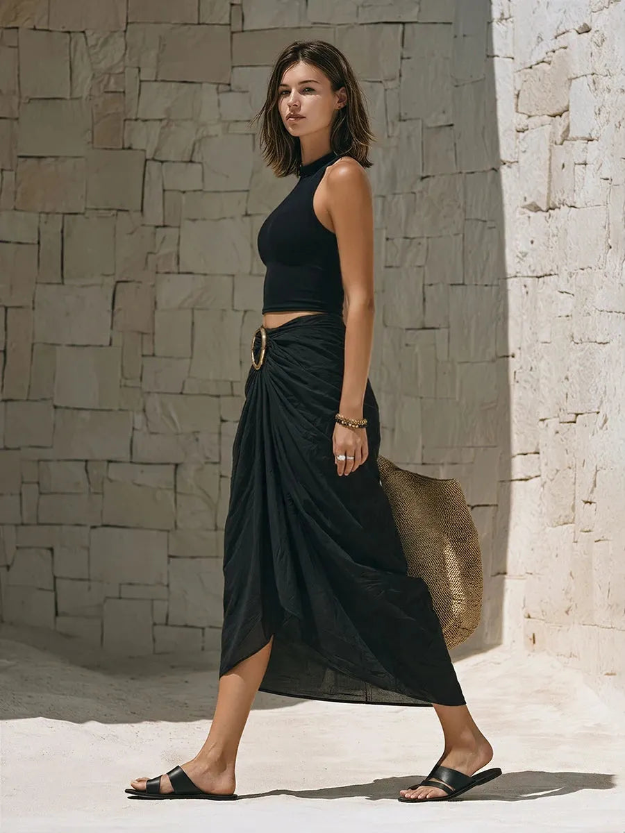 Stylish Casual Two-piece Set: Cotton Vest And Linen-cotton Skirt