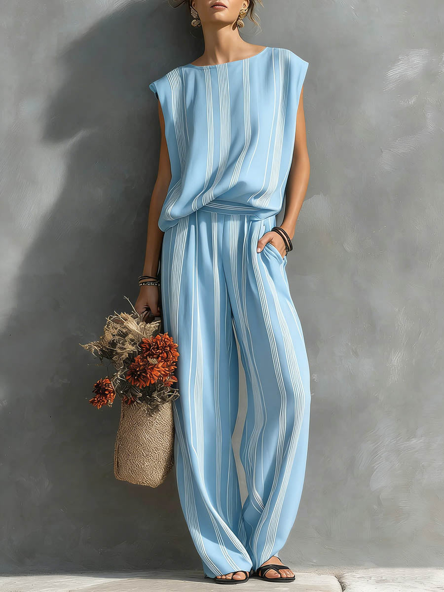 Women's Casual Striped Print Outfit: Crew Neck Sleeveless Loose-fit Top & High-waisted Wide-leg Pants Set