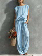 Women's Casual Striped Print Outfit: Crew Neck Sleeveless Loose-fit Top & High-waisted Wide-leg Pants Set