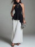 Women's Irregular Waist Ruffle Blouse With Chiffon Wide-leg Pants Set