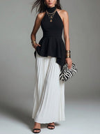 Women's Irregular Waist Ruffle Blouse With Chiffon Wide-leg Pants Set