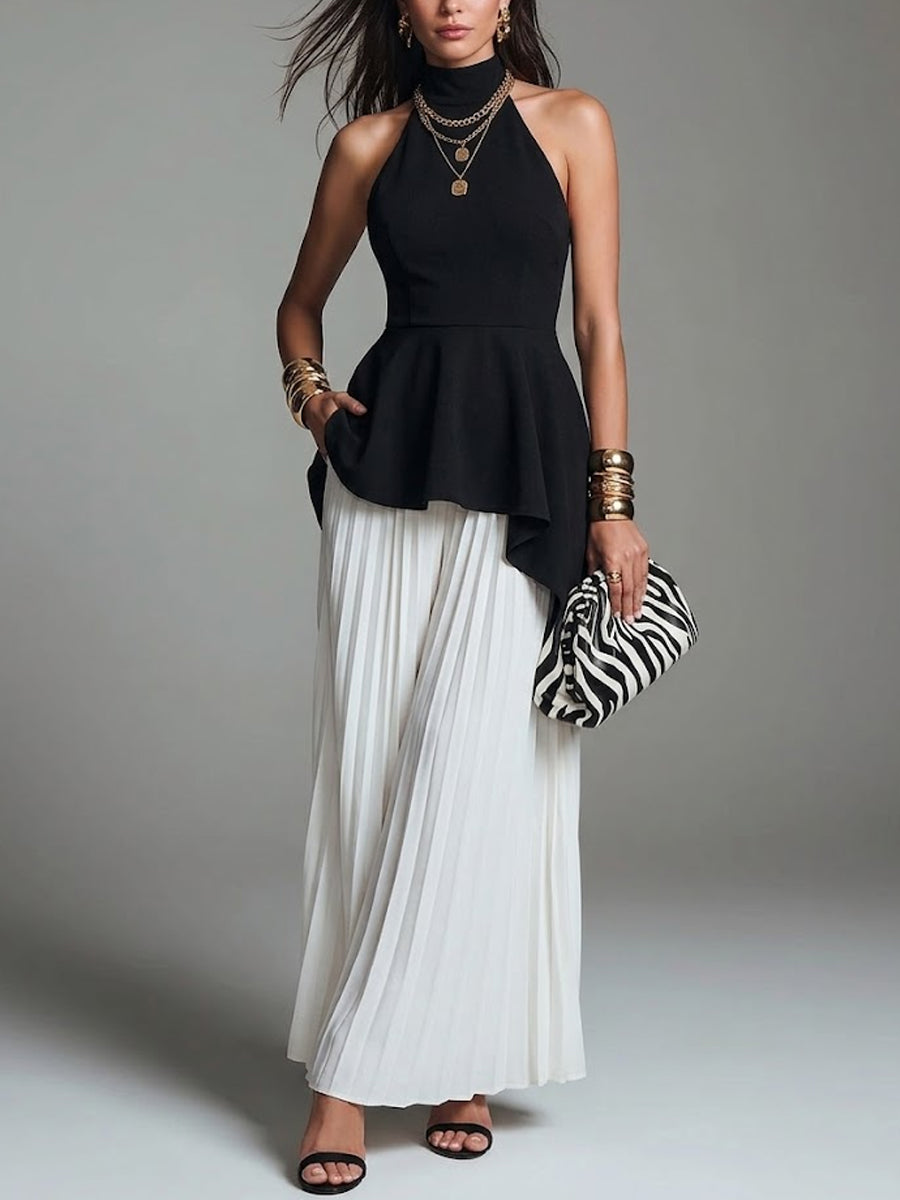 Women's Irregular Waist Ruffle Blouse With Chiffon Wide-leg Pants Set
