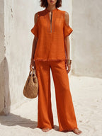 Women's Off-shoulder Cotton Linen Vacation Set