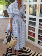 Casual & Comfortable Striped Linen-cotton Shirt And A-line Skirt Two-piece Set