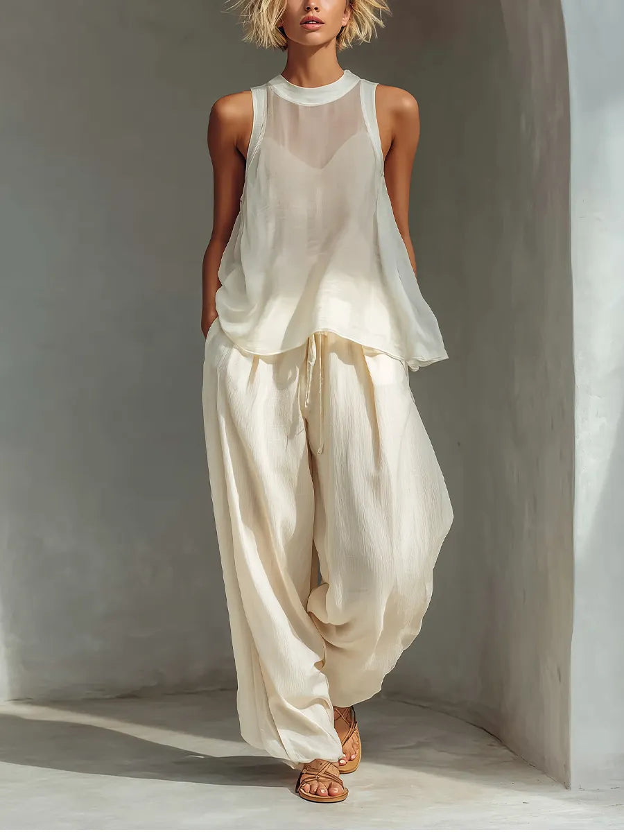 Women's Flowy Sleeveless Round Neck Top And Loose Pants Two-piece Set