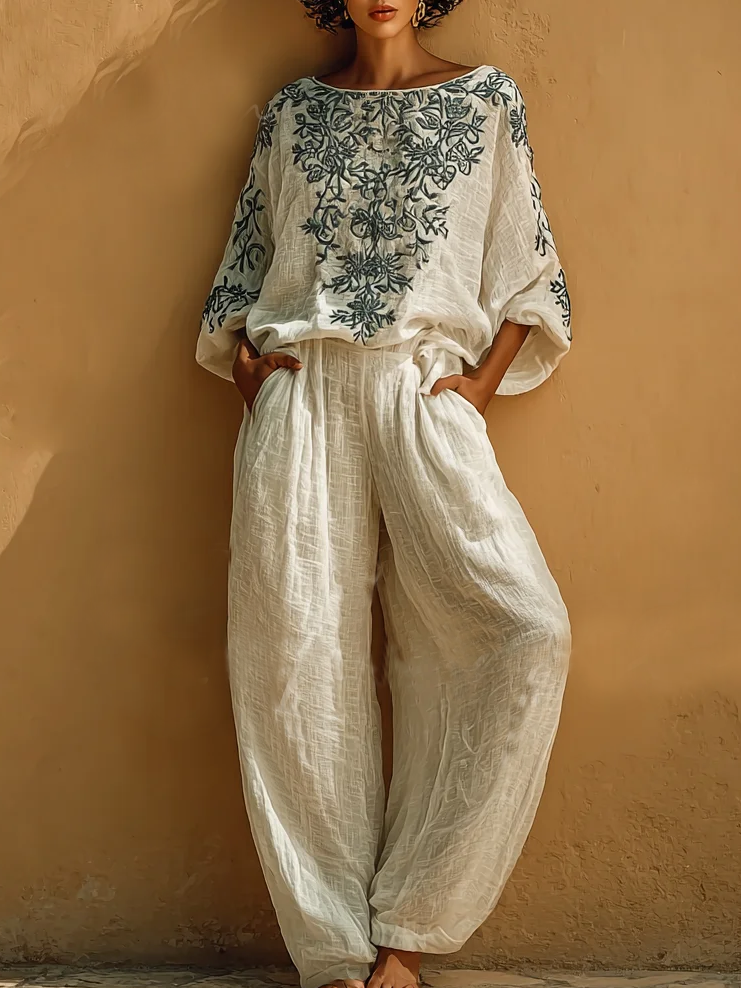 Vintage Floral Print Loose Cotton And Linen Two-piece Set