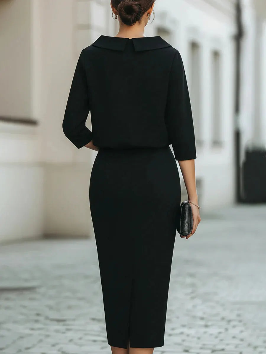 Women's Solid Color Boat Neck 3/4 Sleeve Casual Loose Top And High Waist Casual Slim Pencil Skirt Set