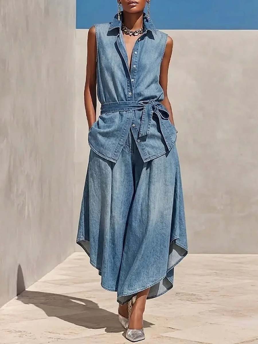 Women's Casual Art Comfortable Loose Top And Wide-leg Pants Denim Two-piece Set