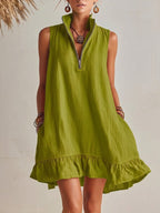 Casual Half-zip Sleeveless Linen And Cotton Dress