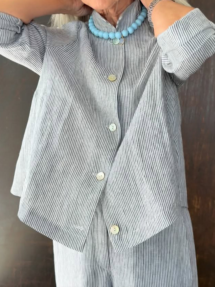 Casual & Cozy Striped Linen-cotton Shirt And Pants Two-piece Set