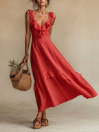 Elegant Ruffled Linen And Cotton Dress