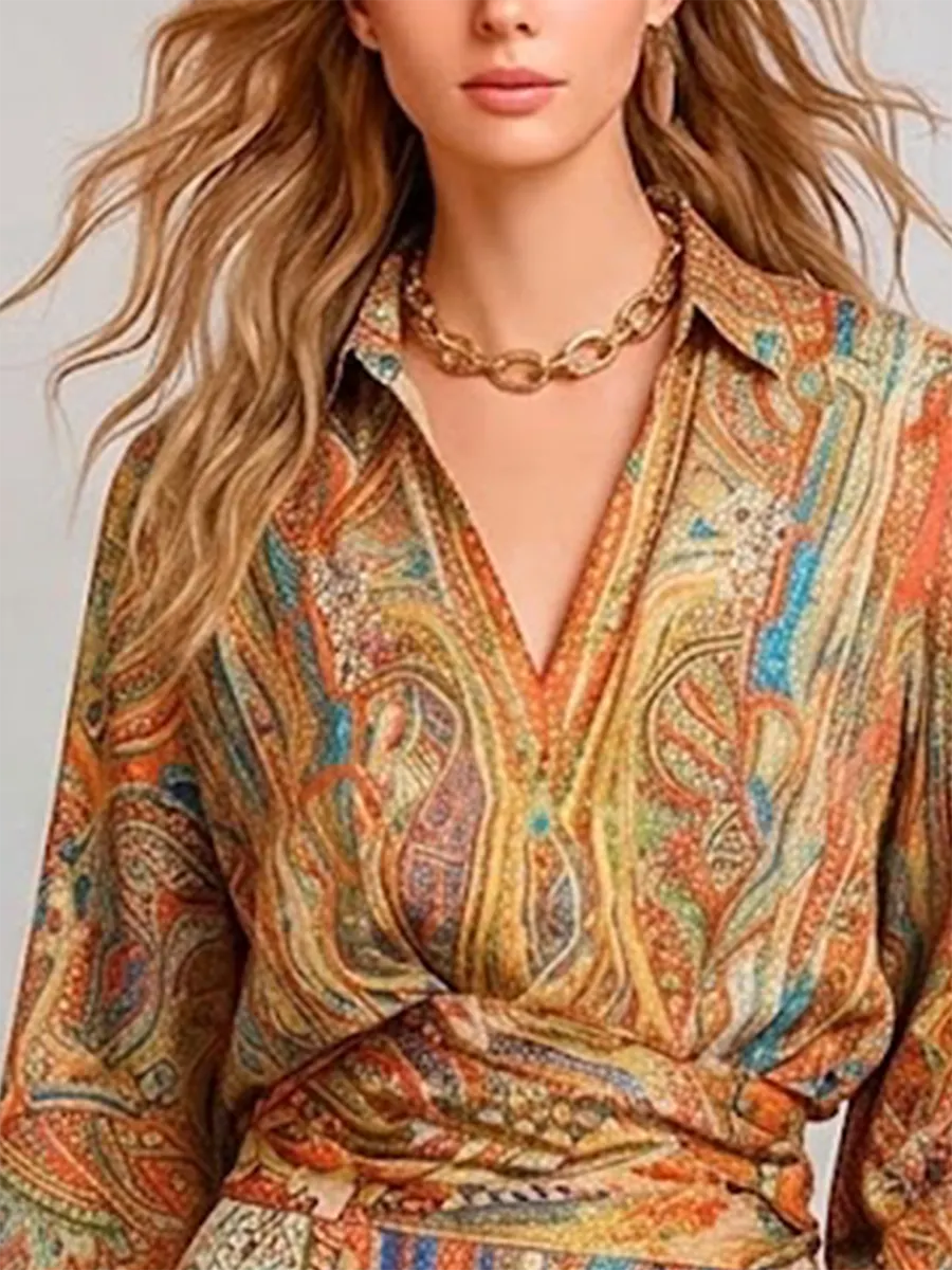 Boho Vintage Print Shirt & Wide-Leg Pants Two-Piece Set