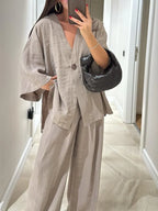 Women's Casual Solid Color Cotton and Linen Top and Pants Set