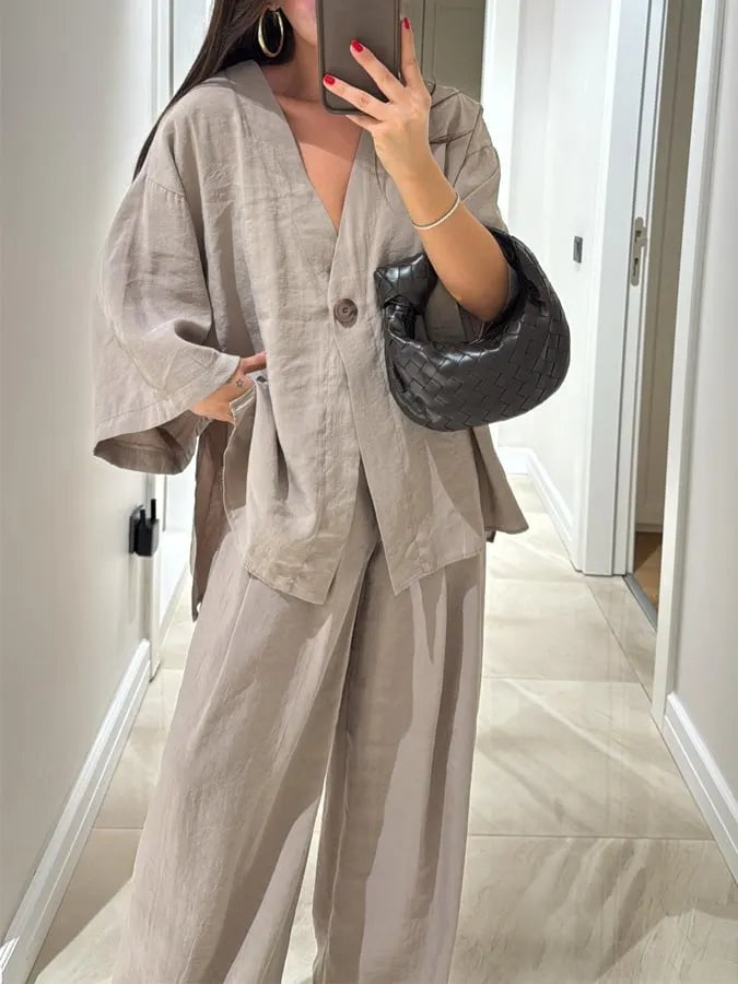 Women's Casual Solid Color Cotton and Linen Top and Pants Set