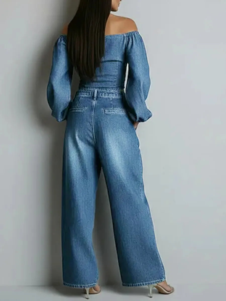 Women's Off-the-shoulder Long-sleeved Casual Loose Denim Top And High-waisted Wide-leg Jeans Set.