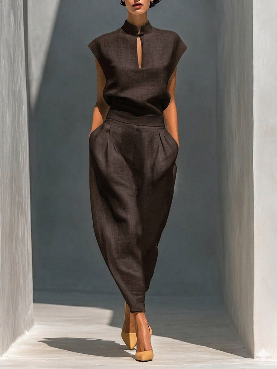 Women's Solid-color Stand-collar Sleeveless Loose-fit Cotton-linen Top & High-waisted Wide-leg Pants Casual Set