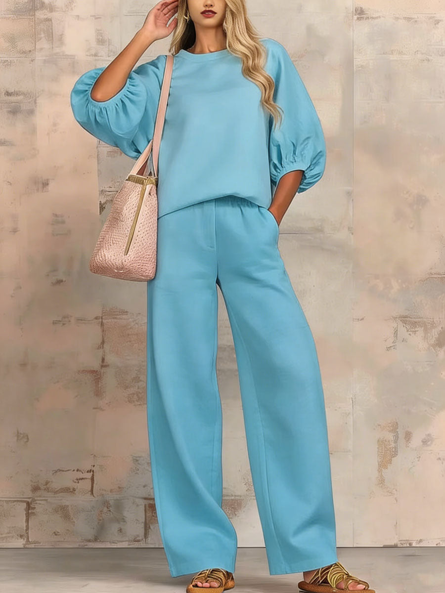 Stylish Cozy Shirt & Wide-leg Pants Linen Cotton Two-piece Set