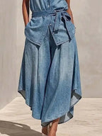 Women's Casual Art Comfortable Loose Top And Wide-leg Pants Denim Two-piece Set