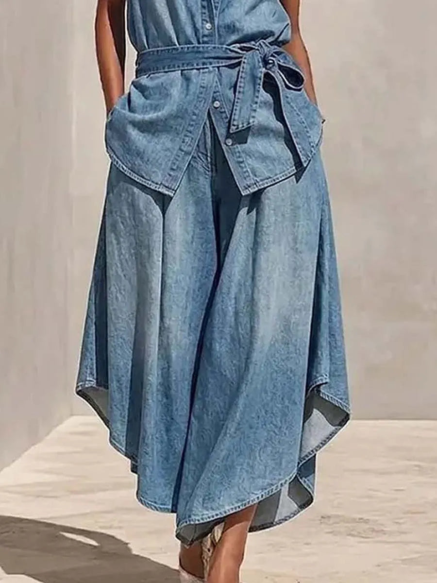 Women's Casual Art Comfortable Loose Top And Wide-leg Pants Denim Two-piece Set