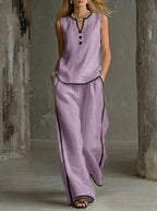 Cozy Black-trimmed Linen And Cotton Sleeveless Top And Pants Two-piece Set