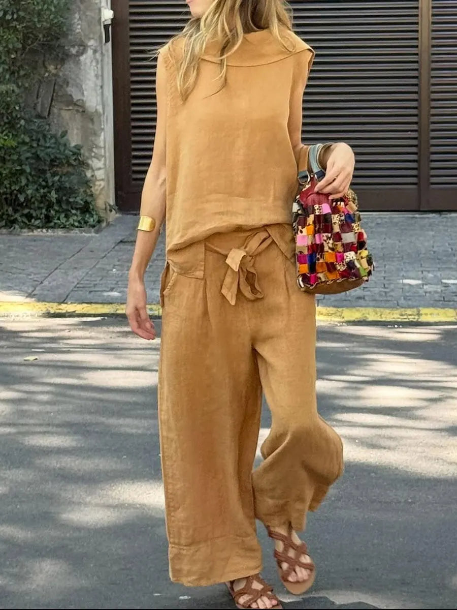 Women's Solid-color Cotton-linen Set: Sleeveless Collared Loose-fit Top & High-waisted Tie-waist Wide-leg Pants