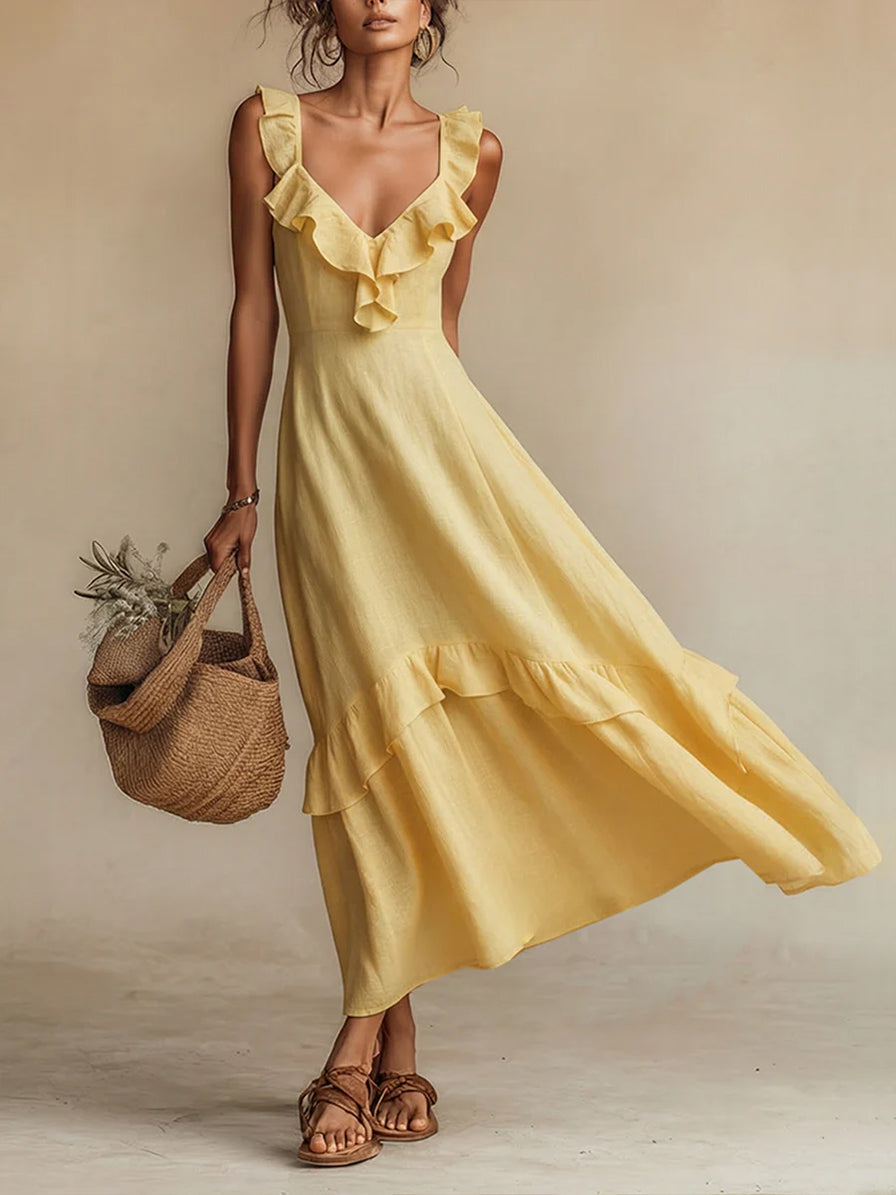 Elegant Ruffled Linen And Cotton Dress