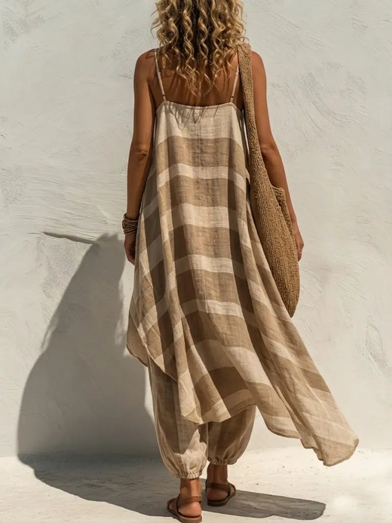 Cozy & Casual Striped Linen-cotton Two-piece Set: Long Spaghetti-strap Top And Lantern Pants