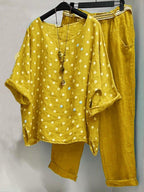 Casual Polka Dot Crew Neck Blouse & Pocket Pants 2Pcs Set