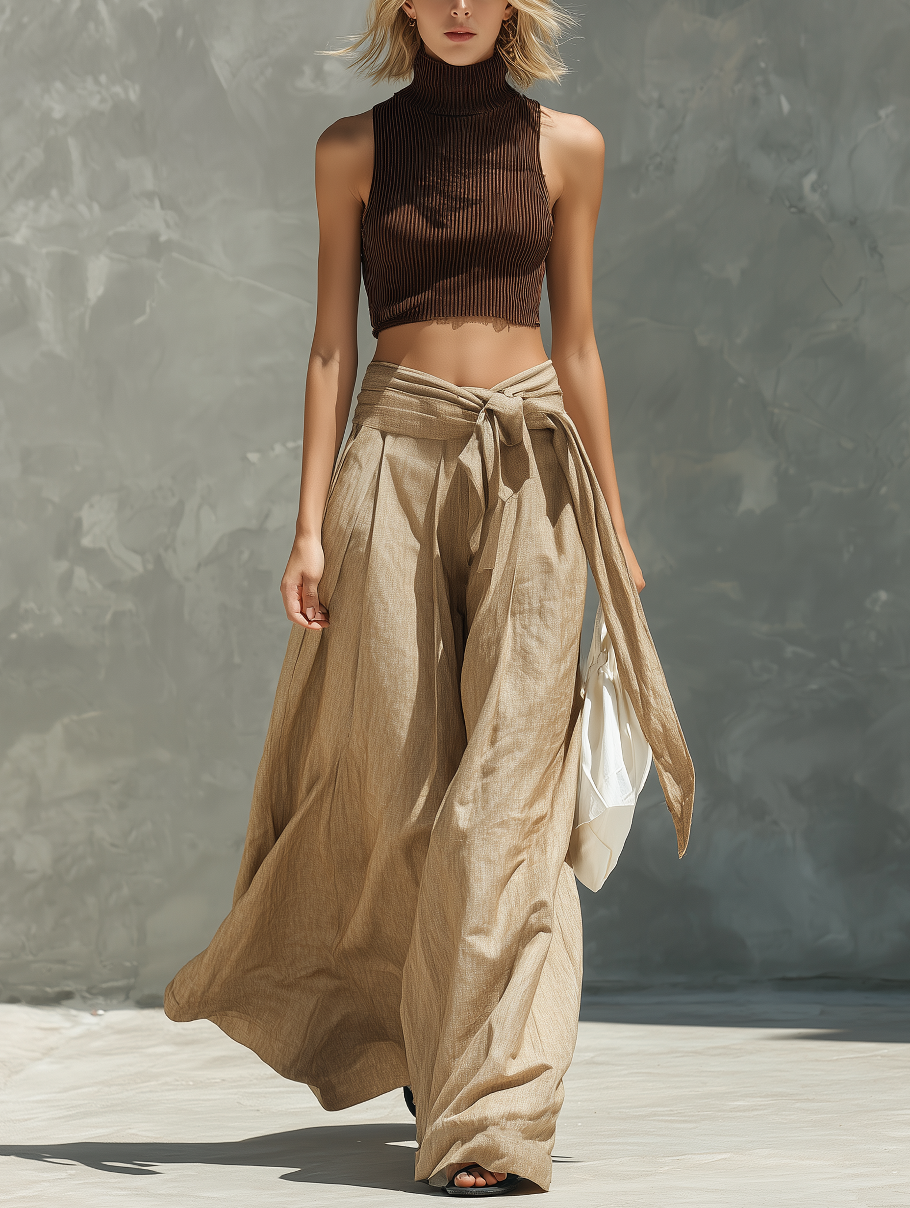 Women's Casual Brown Knitted Sleeveless Turtleneck Top And Khaki Tie-waist Wide-leg Pants Set