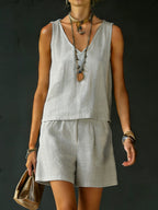 Classic Casual Sleeveless Linen Cotton Top And Shorts Two-piece Set