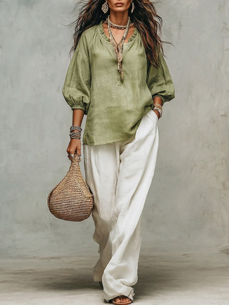Retro Ruffled Puff-sleeve Cotton-linen Two-piece Set