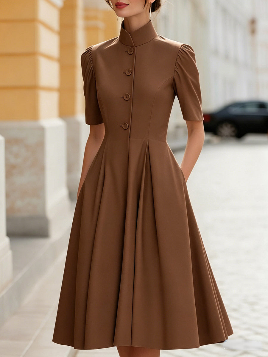 Women's Solid-color Stand-collar Short-sleeve Loose-fit Cotton-linen Casual Dress