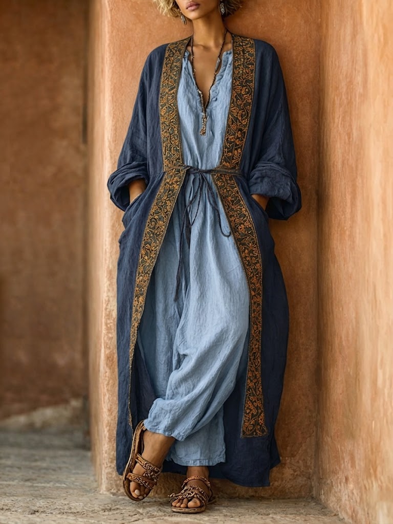Bohemian Ethnic Print Linen & Cotton Two-Piece Set: Long Cardigan and Sleeveless Jumpsuit