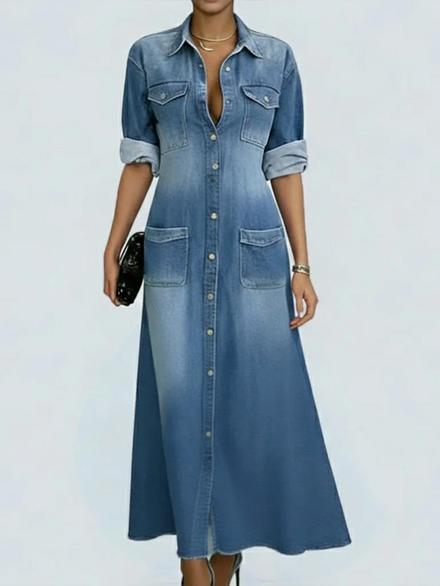 Women's Lapel Long-sleeved Casual Loose Denim Shirt Dress
