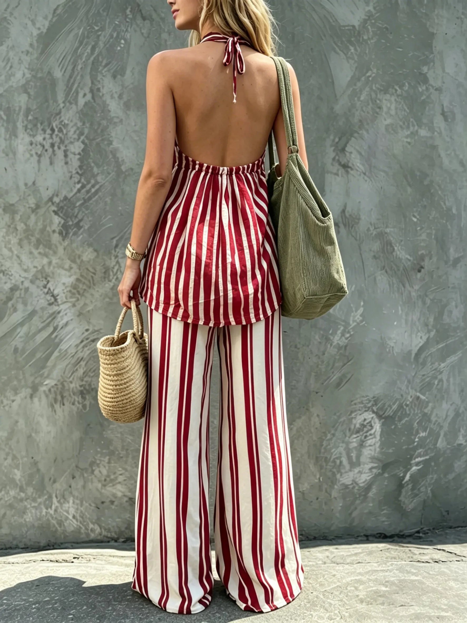 French-style Halter-neck Striped Topï1⁄4wide-leg Pants Two-piece Set
