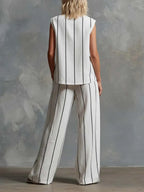 Women's V-neck Sleeveless Cotton Top High-waisted Casual Loose Cotton Wide-leg Pants Set