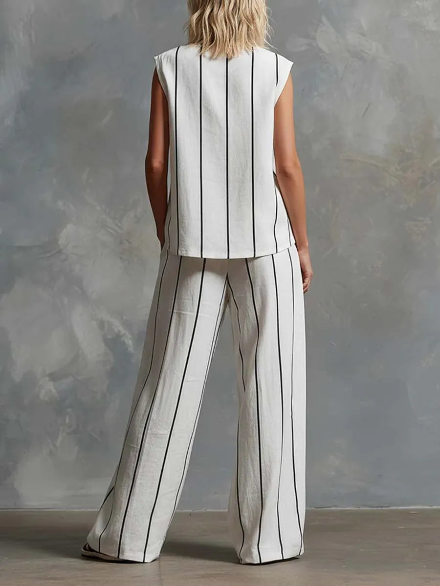 Women's V-neck Sleeveless Cotton Top High-waisted Casual Loose Cotton Wide-leg Pants Set